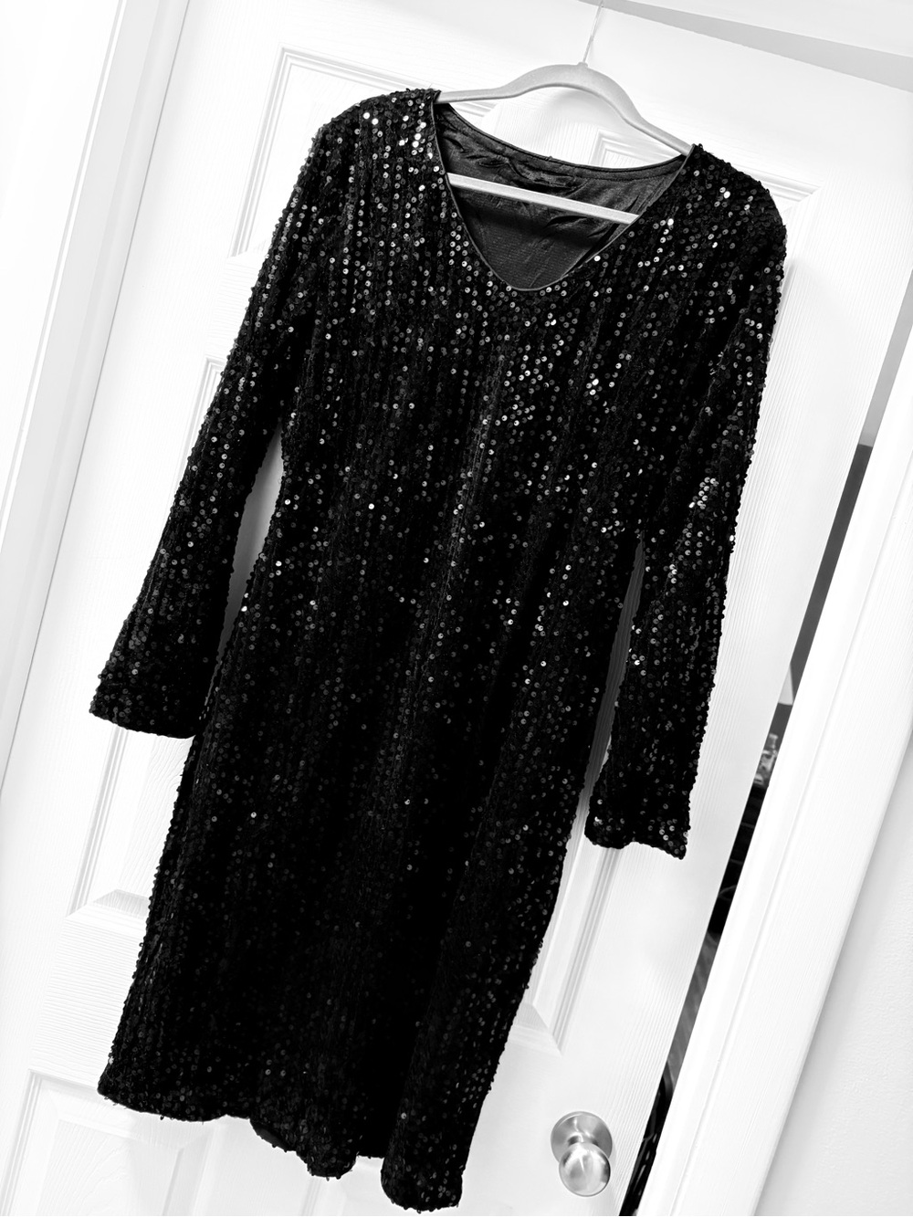 Black Sequin Long-Sleeve V-Neck Dress